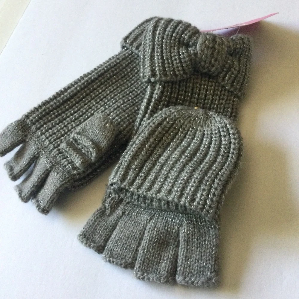 KATE SPADE METALLIC BOW POP TOP CONVERTIBLE MITTENS FINGERLESS GLOVES GRAY NWT